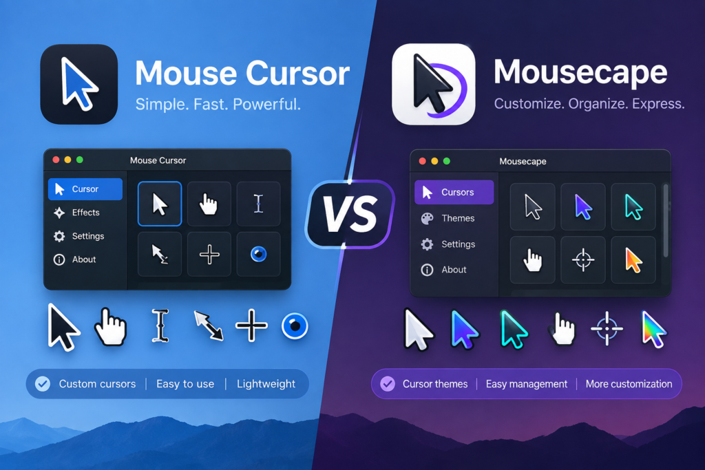 Mouse Cursor vs Mousecape comparison showing cursor customization, features, performance, and compatibility