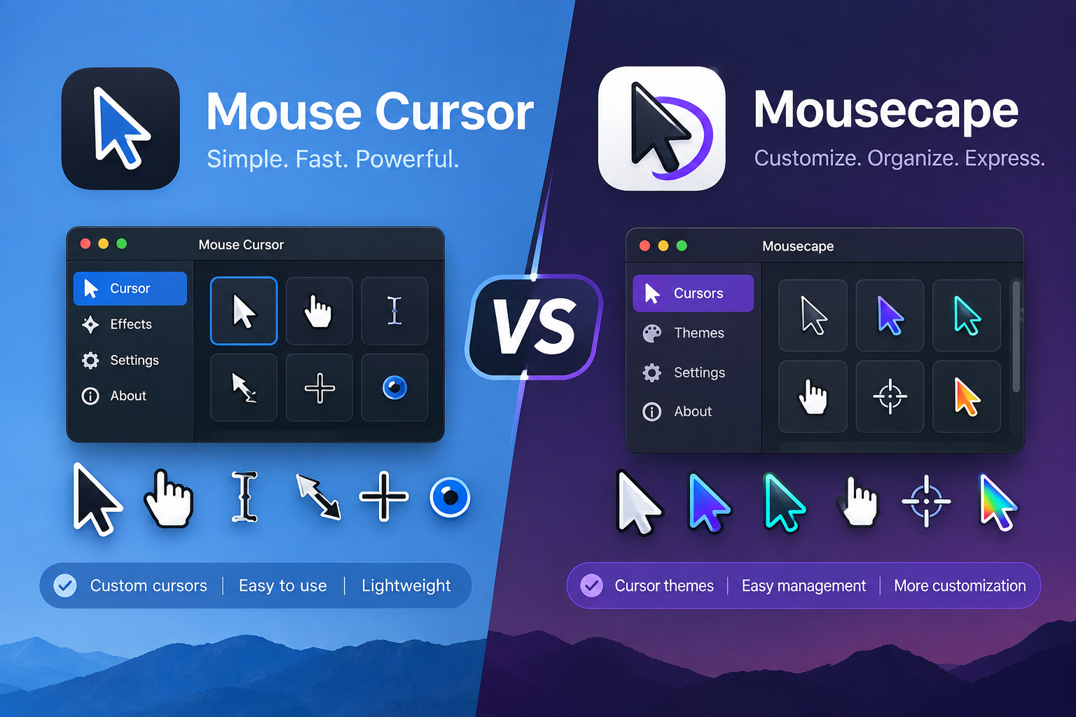 Mouse Cursor vs Mousecape comparison showing cursor customization, features, performance, and compatibility